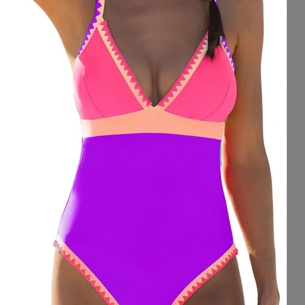 Women's Pink & Purple V-Neck One-Piece Swimsuit